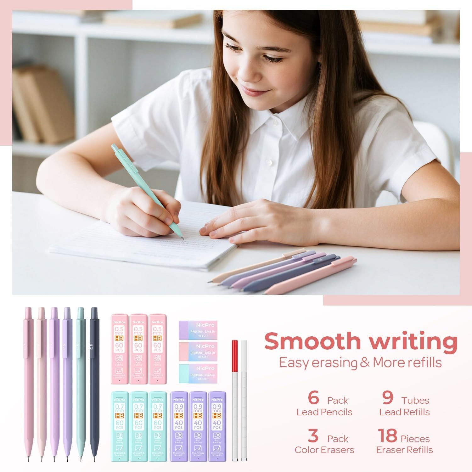 38PCS Aesthetic Pastel Mechanical Pencil Set with 564 Lead Refills – Pink Case