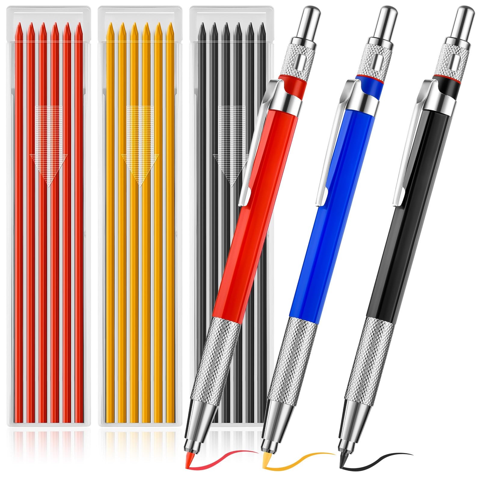 3 Pcs Welders Pencil with 36 Silver Round Refills, BlackRedYellow