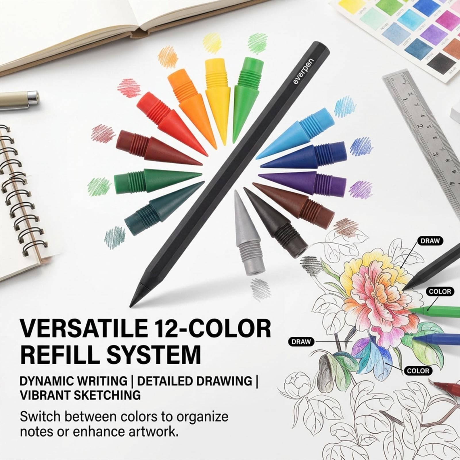 Metal Alloy Forever Pencil with 12 Colored Refill Tips – No Sharpening, Ideal fo
