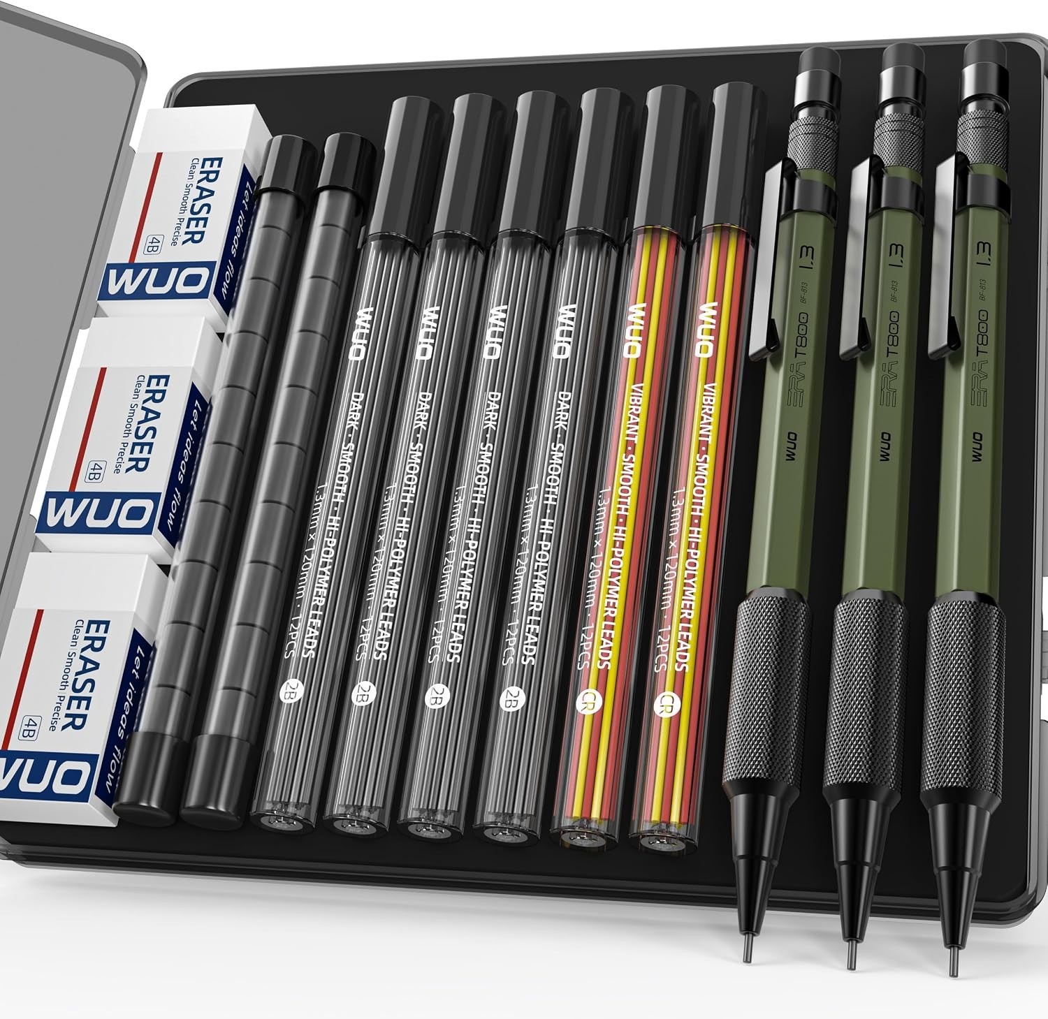 All-in-One 1.3mm Mechanical Pencil Set with Color-Coded Leads + Erasers – 3 Pack