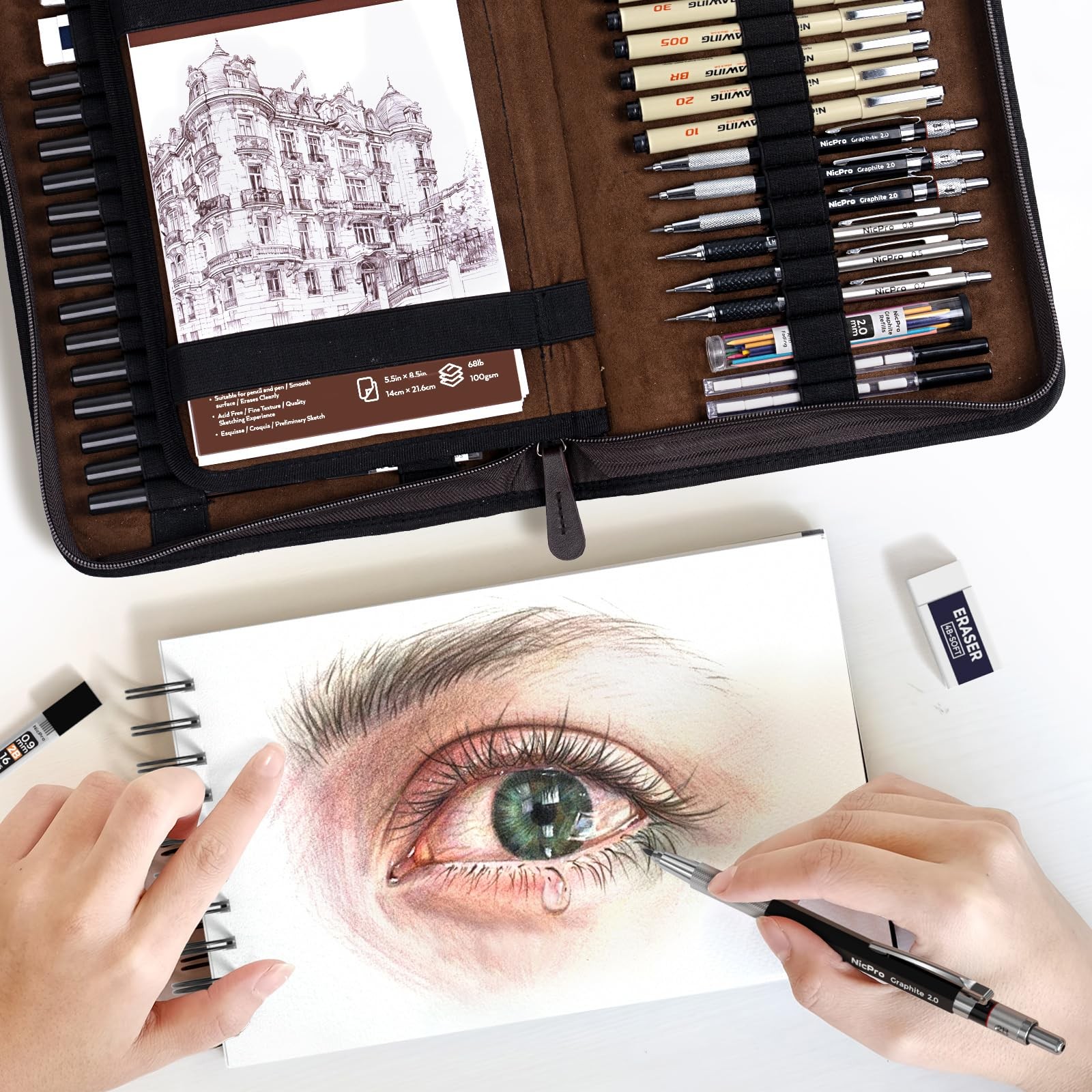 Nicpro 58 PCS Art Drawing Supplies Kit in 0.5mm 0.7mm 0.9mm 2.0mm, Black