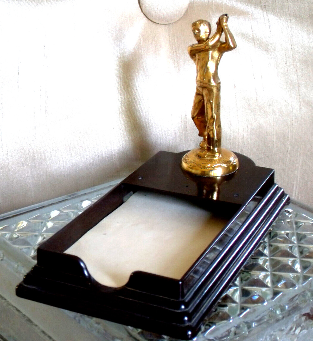 Vintage Dodge Wm A Rogers trophy, golden golfer on Bakelite desk tray notepad
