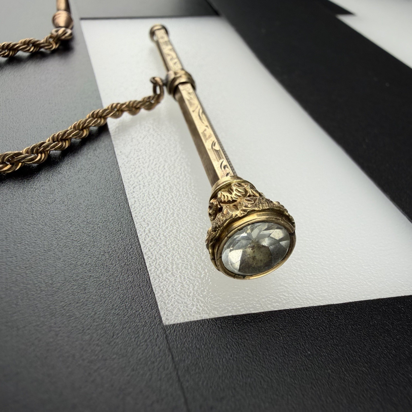 Victorian Gold Filled 3 7/8″ Telescoping Pencil Watch Fob w/ Chain & White Stone