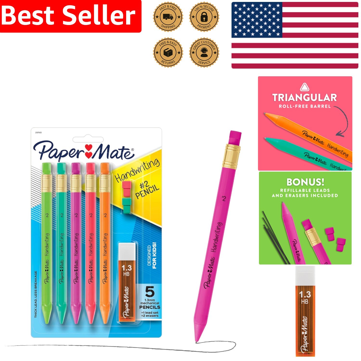 Kids’ Triangular Mechanical Pencil Set – 8 Colors with Lead & Eraser Refills