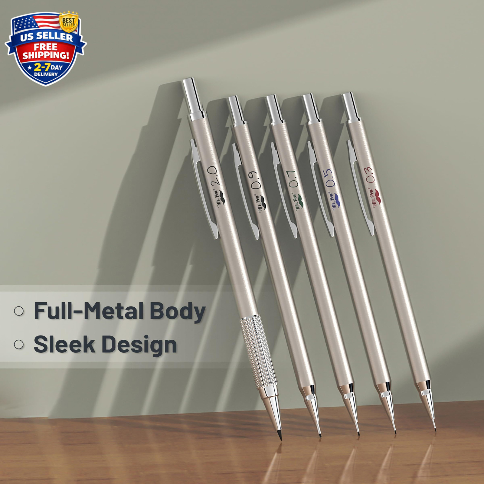 – Metal Mechanical Pencil Set with Lead and Eraser Refills, 5 Sizes, 0.3, 0.5, 0