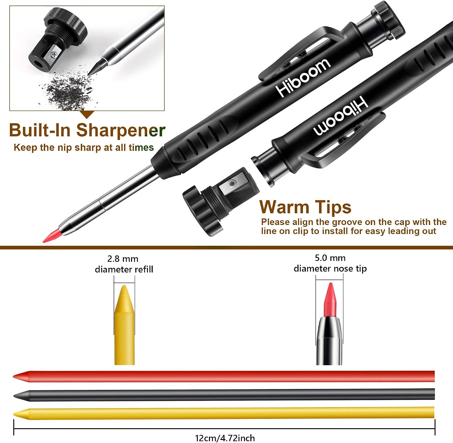 2 Pack Solid Carpenter Pencils with Pencil Cap and 18 Refills, Long Nose