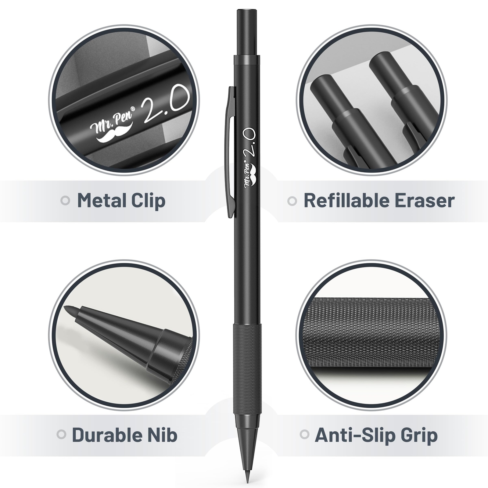 – Metal Mechanical Pencil Set with Lead and Eraser Refills 5 Sizes Black 0.3