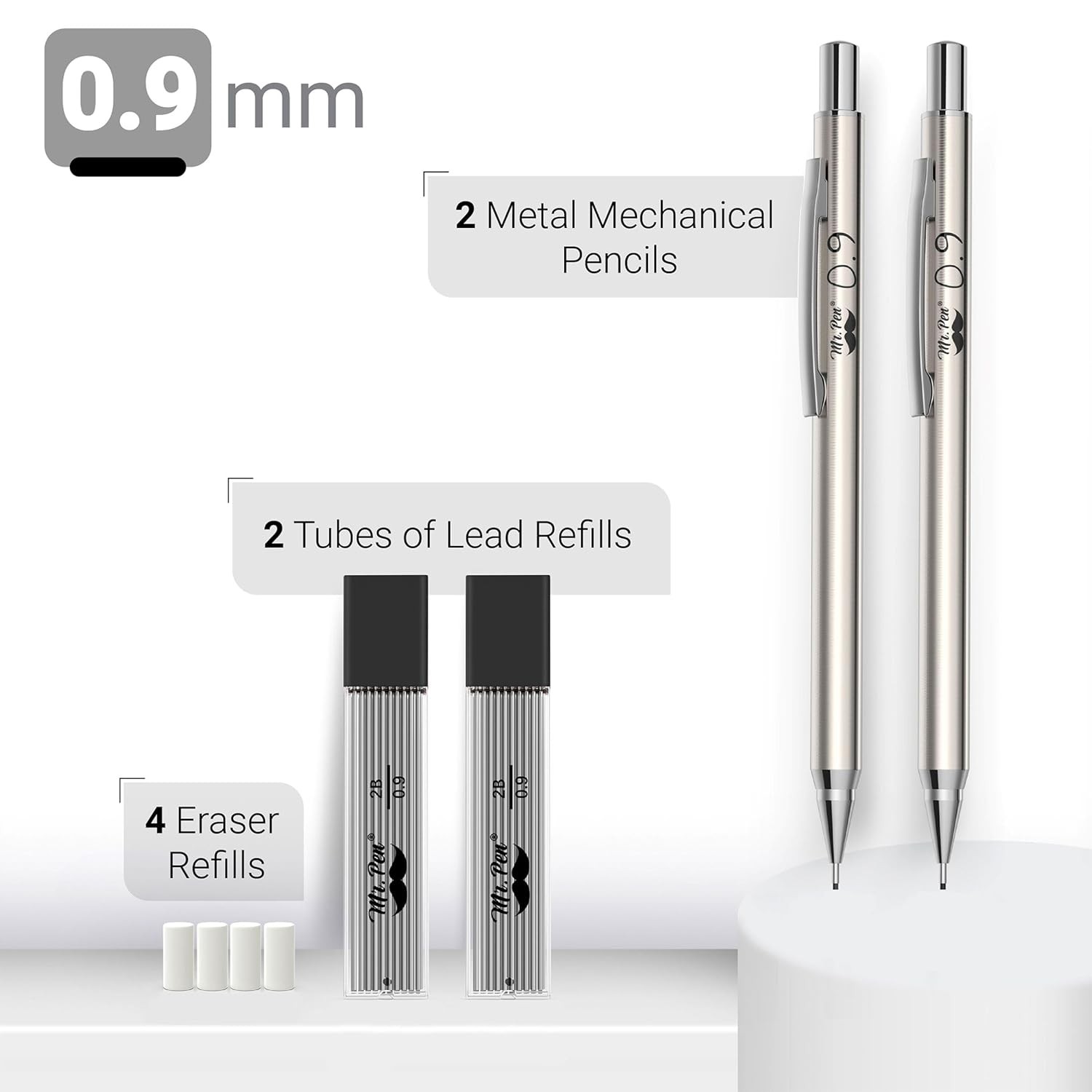 Mr. Pen- Metal Mechanical Pencil Set with Lead Refills & Erasers, 2 Pack, 0.9mm,