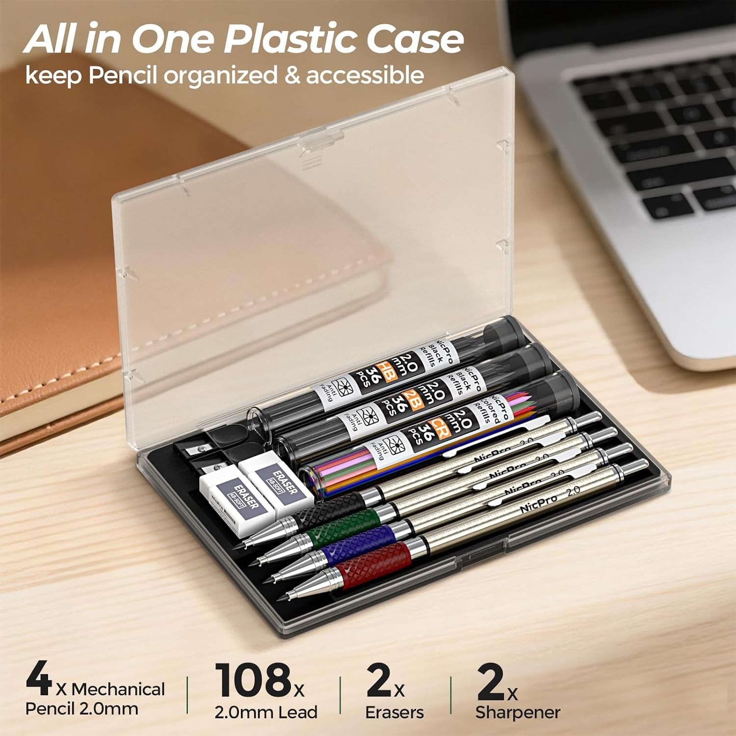Premium Mechanical Pencils Set 4 PCS 2.0 mm Colored Black HB 2B Mechanical