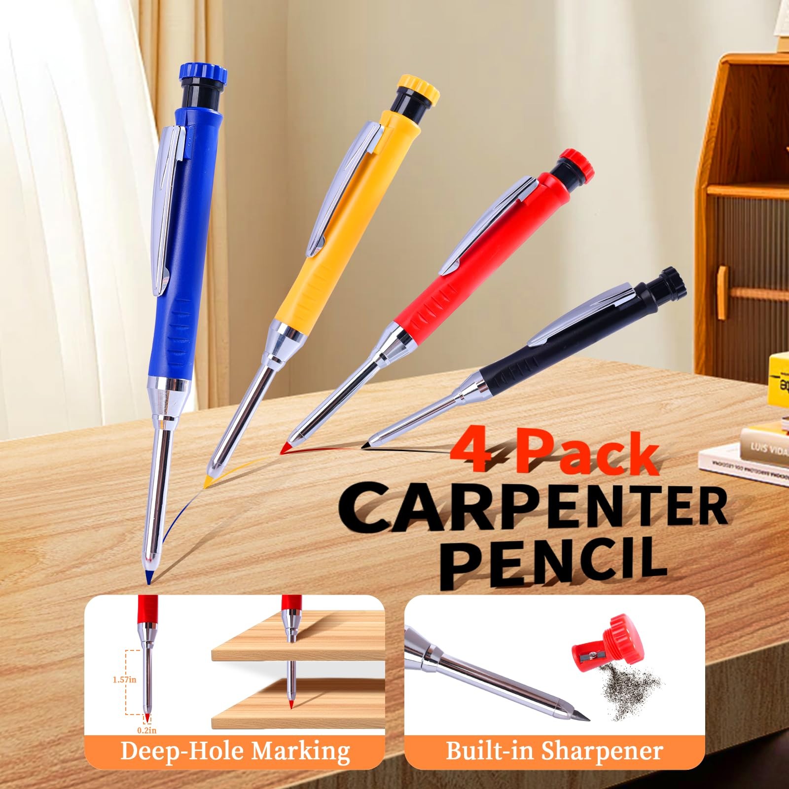 4 Pack Carpenter Pencil with Sharpener, Mechanical Pencils Set with 28 Refills