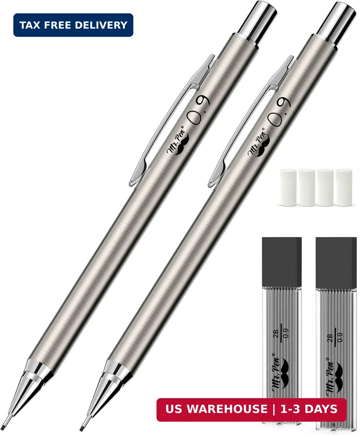 Mr. Pen- Metal Mechanical Pencil Set with Lead Refills & Erasers, 2 Pack, 0.9mm,