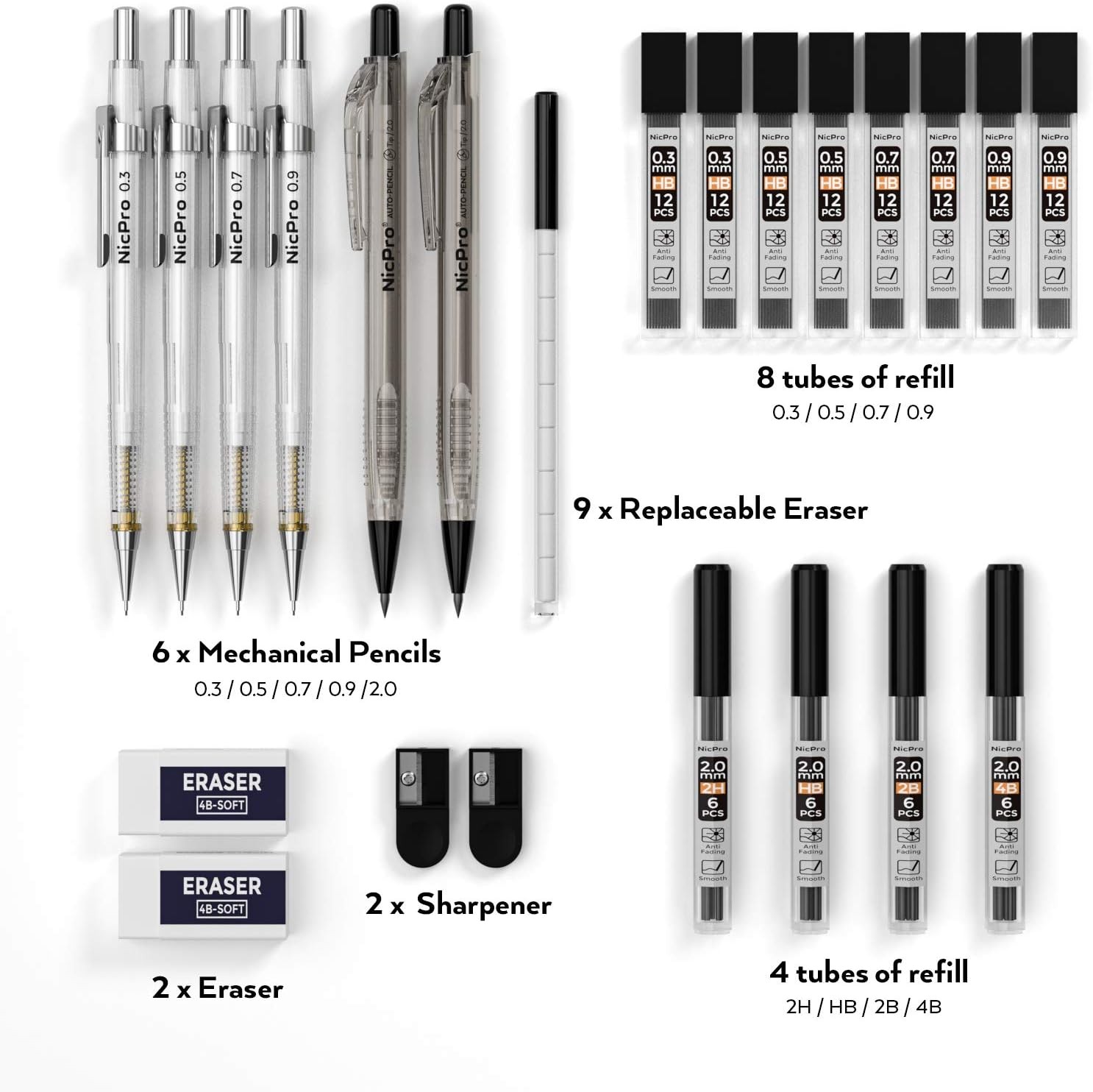 Nicpro 6PCS Art Mechanical Pencil Set, 4PCS Drafting Pencils 0.3 & 0.5 & 0.7 & 0
