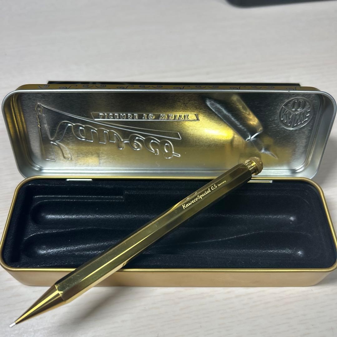 Kaweco brass pencil, made in Germany, with original tin case and outer box.