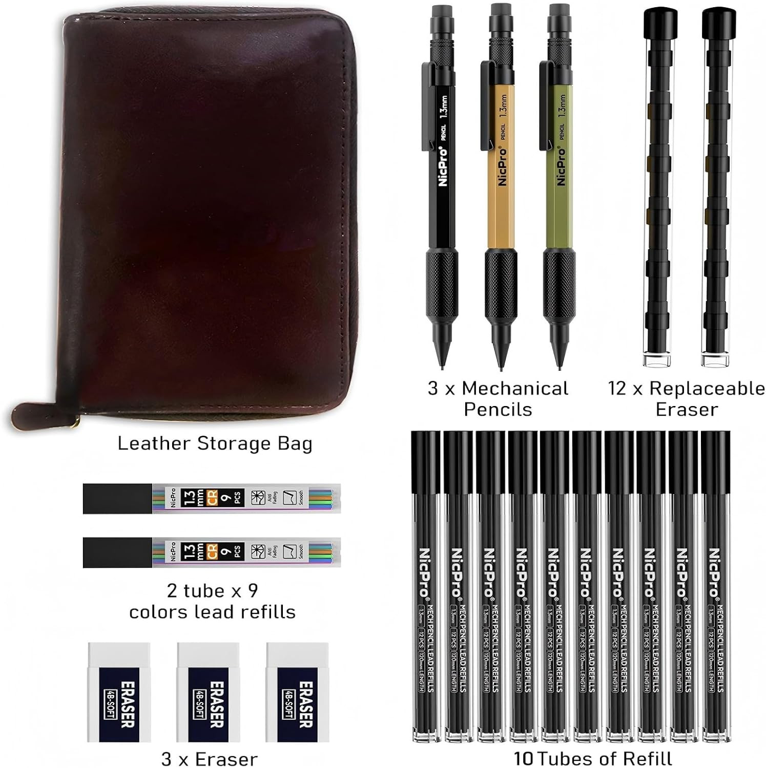 21PCS 1.3 Mm Mechanical Pencil Set in Leather Bag with 138 Lead Refill