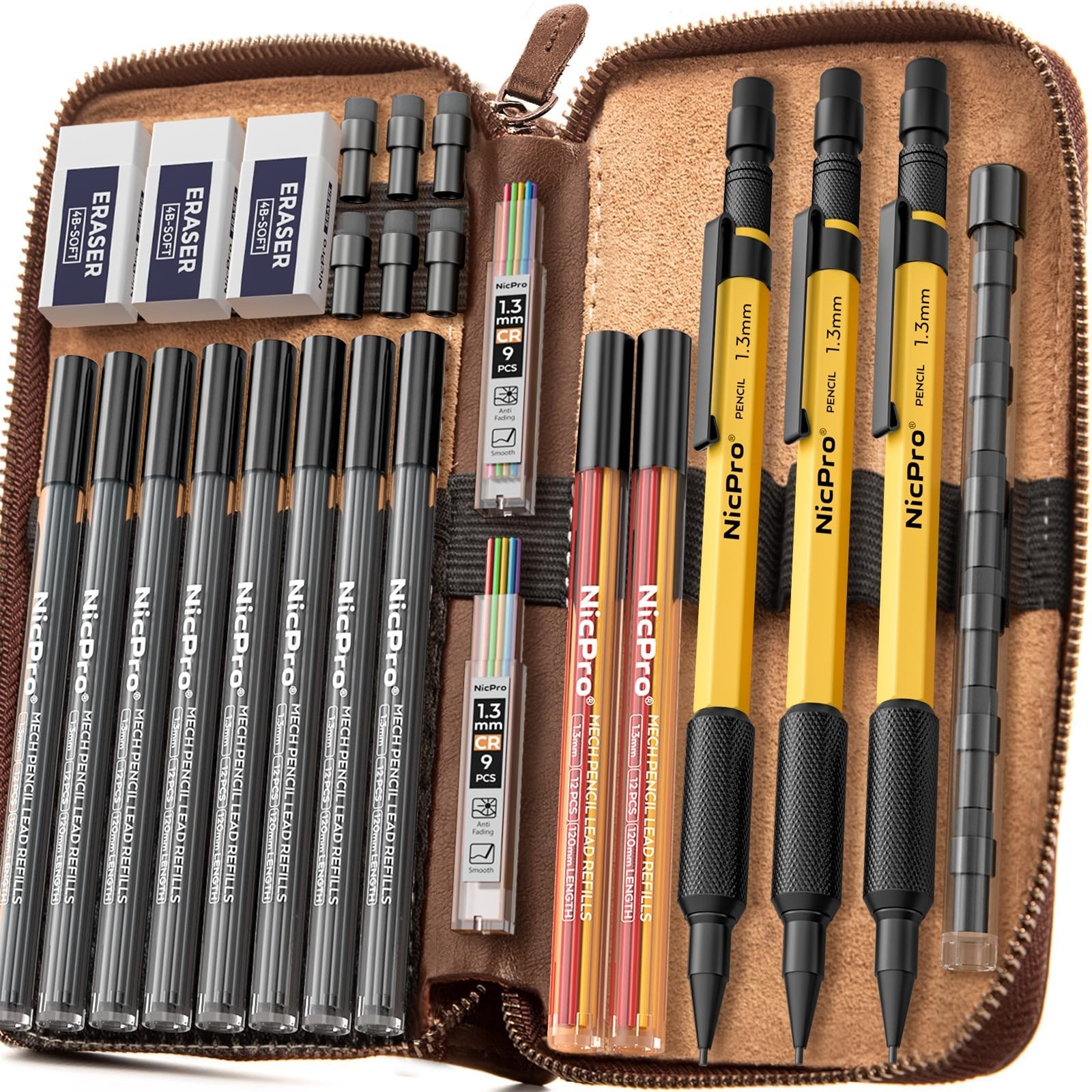 21PCS Mechanical Pencil Set with Leather Case, 138 Leads, 3 Erasers, Heavy Duty