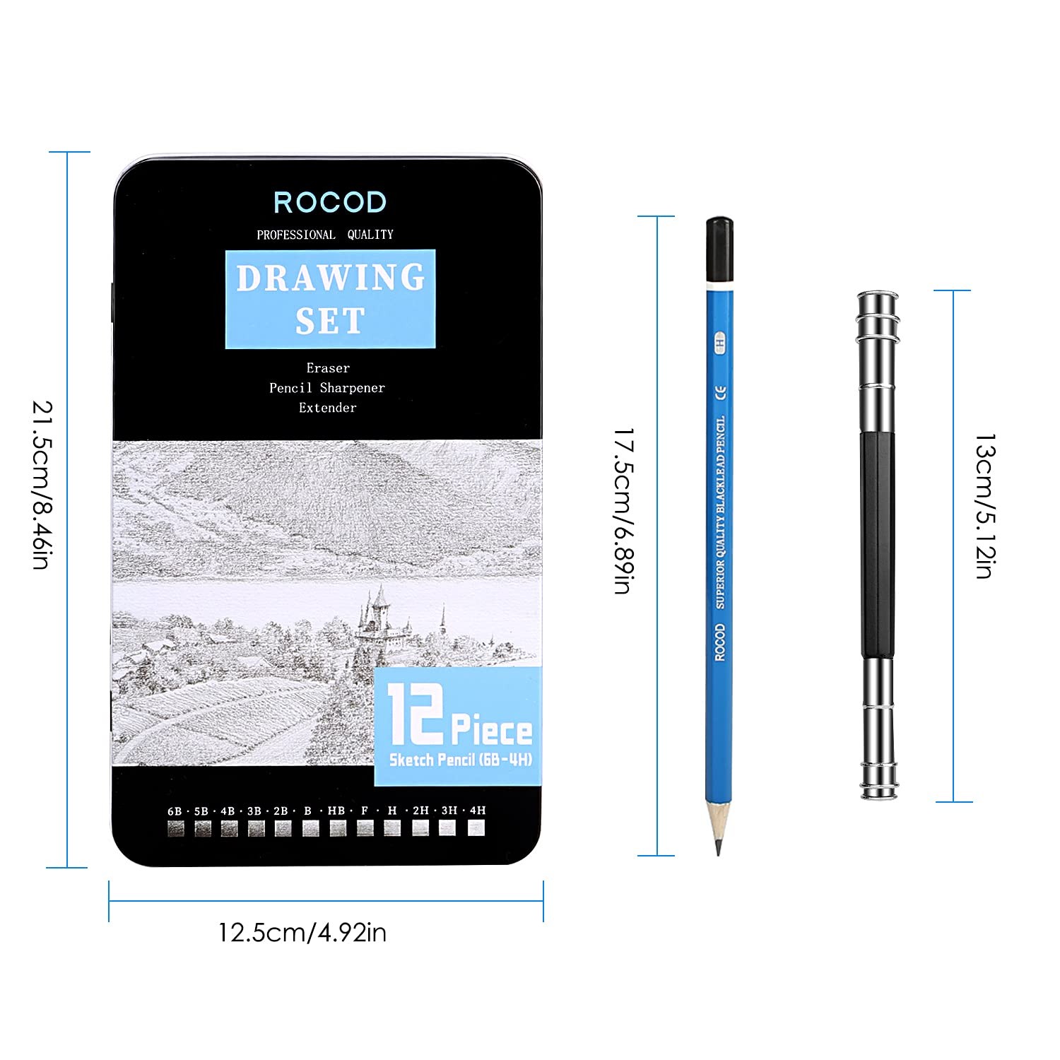 ROCOD Profession Sketch Pencils 6B to 4H for Kids and 16 Piece Set, Graphite