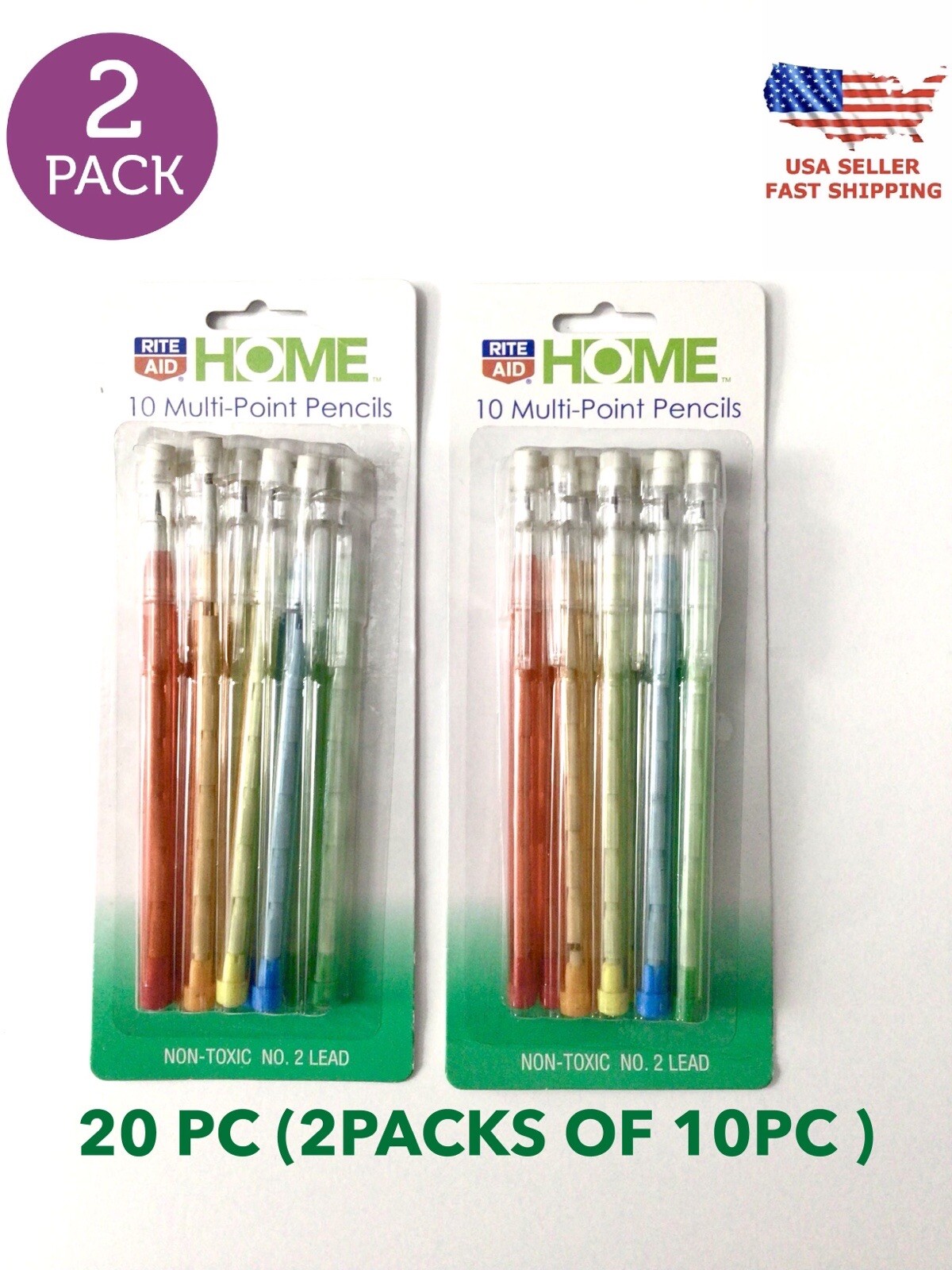 20 PCS (2 SETS OF 10 PC ) NO. 2 LEAD MULTI POINT PENCILS WITH CAP ERASERS