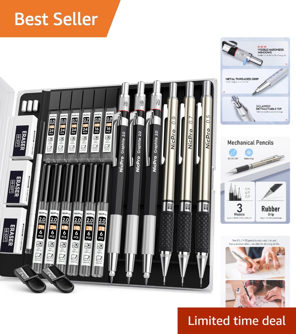 6PCS Mechanical Pencil Set: 0.5mm to 2mm with Lead Refills & Case