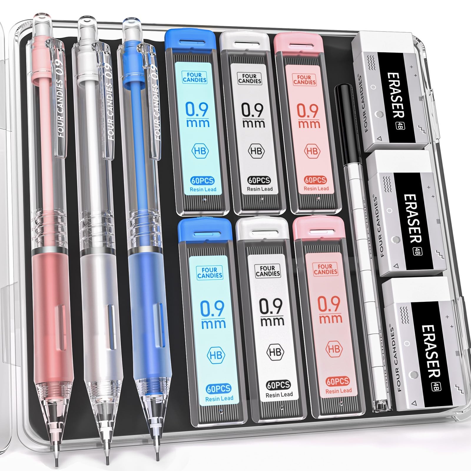 0.9mm Mechanical Pencils Set 3 Pastel Pencils 360 HB Leads Eraser Refills