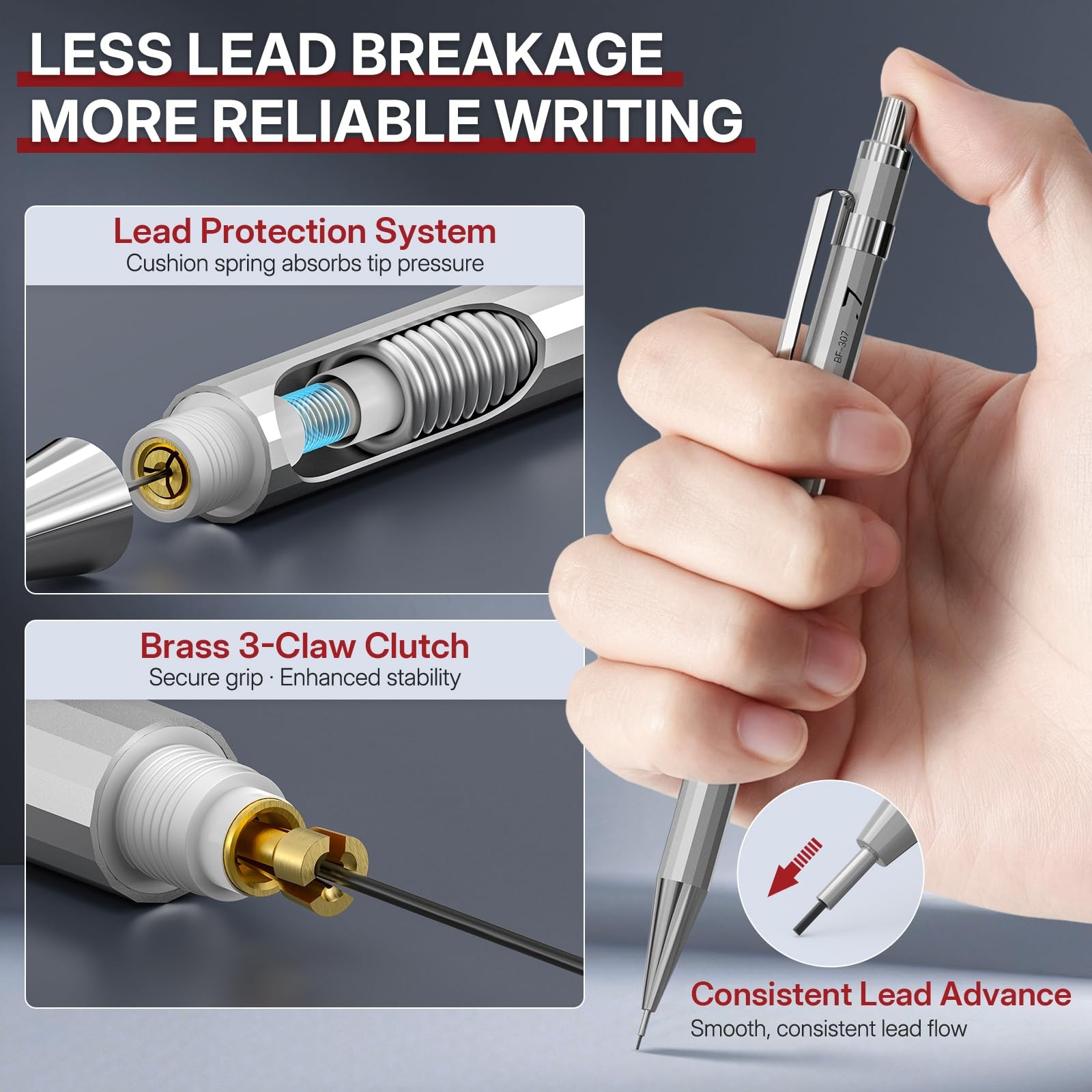 4 PCS 0.7mm Metal Mechanical Pencil Set with 480 HB Leads Erasers for Drawing