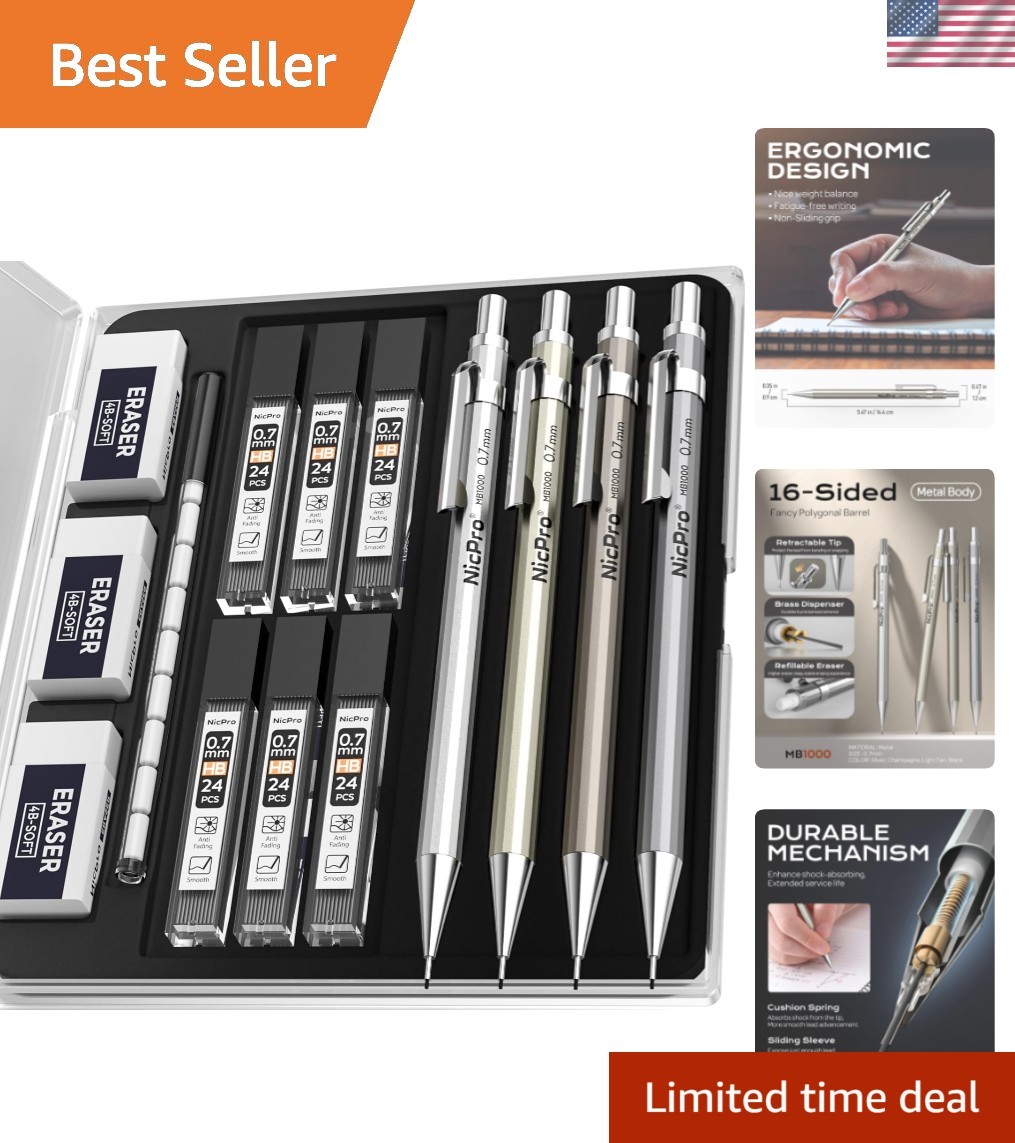 4 Pack Mechanical Pencil 0.7mm with Case, MB1000 Metal Mechanical Pencil Set …