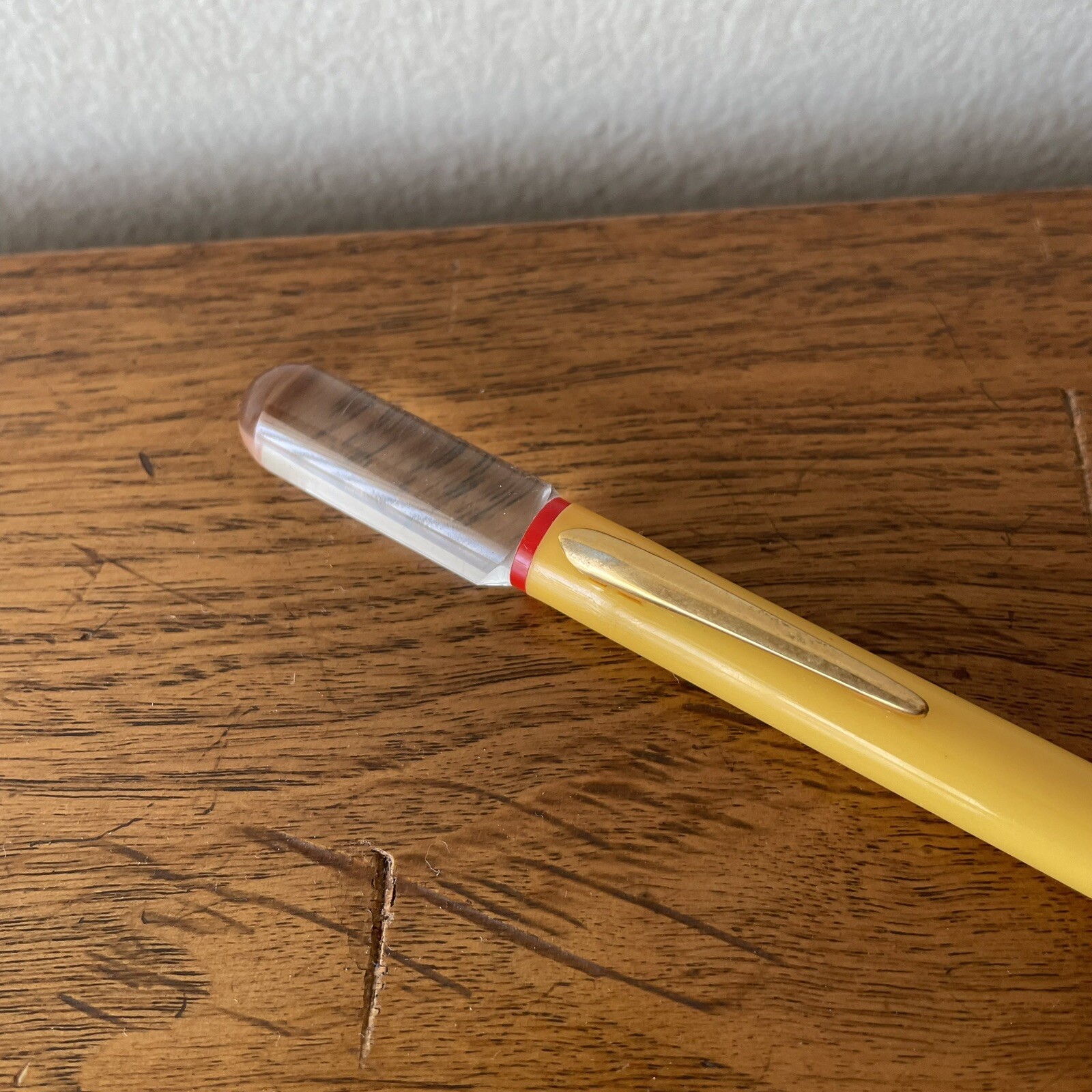 Vintage Mechanical Pencil Yellow & Red Plastic, Clear Lucite, Eraser, 6-1/4″ MCM