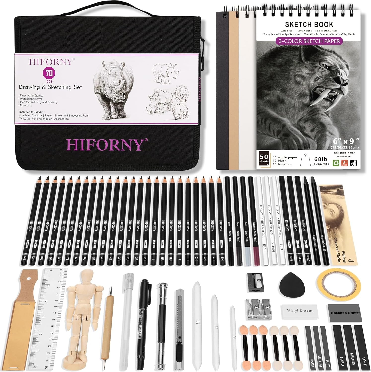 HIFORNY 70 Pcs Drawing Set Sketching Kit – Sketch Pencils Art Supplies Black