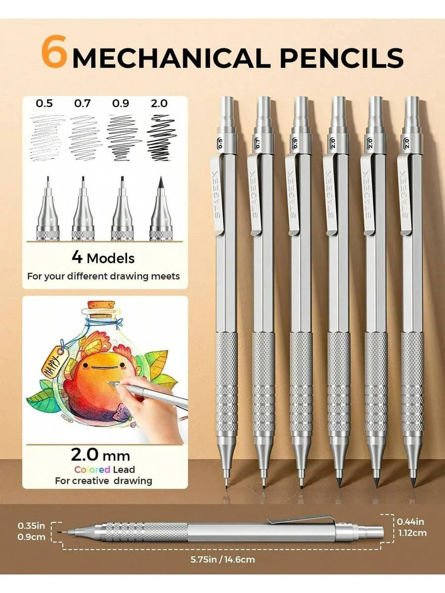 30Pcs Art Mechanical Pencil Set 0.5/0.7/0.9/2.0MM w/Leads