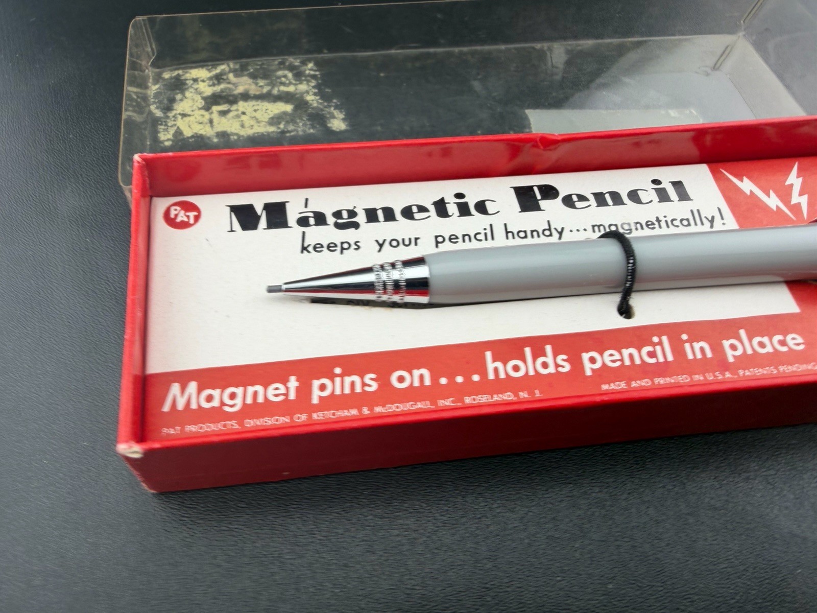 Vintage PAT Magnetic Mechanical Pencil Desk Clip Holder With Box