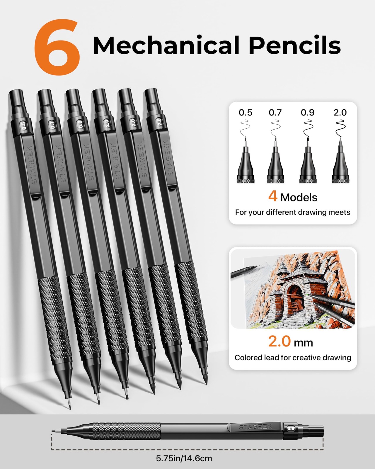 30 PCS Black Metal Mechanical Pencil Set 0.5/0.7/0.9/2.0mm Drafting Art
