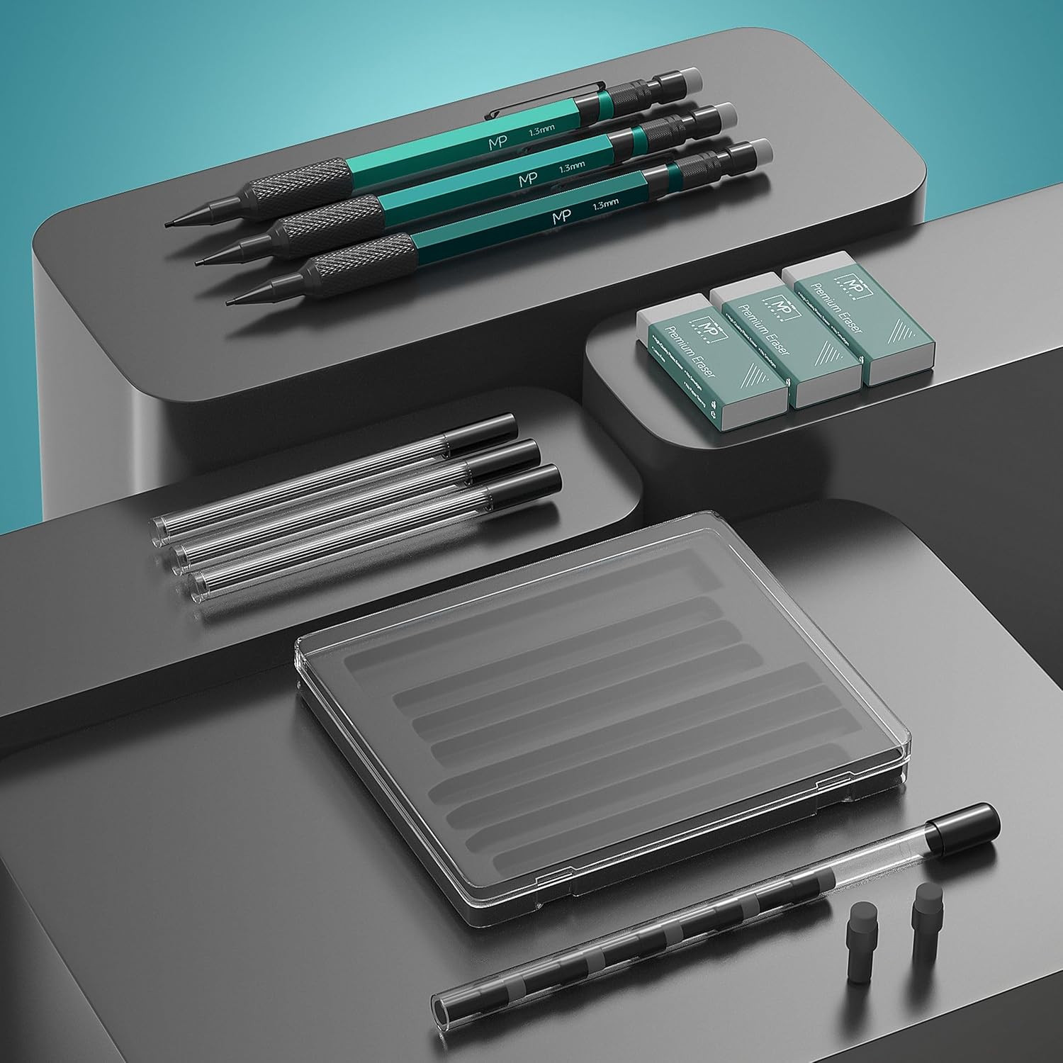 – Metal Mechanical Pencil Set with Lead Refills & Erasers, 3 Pack, 1.3 Mm, 3X Le