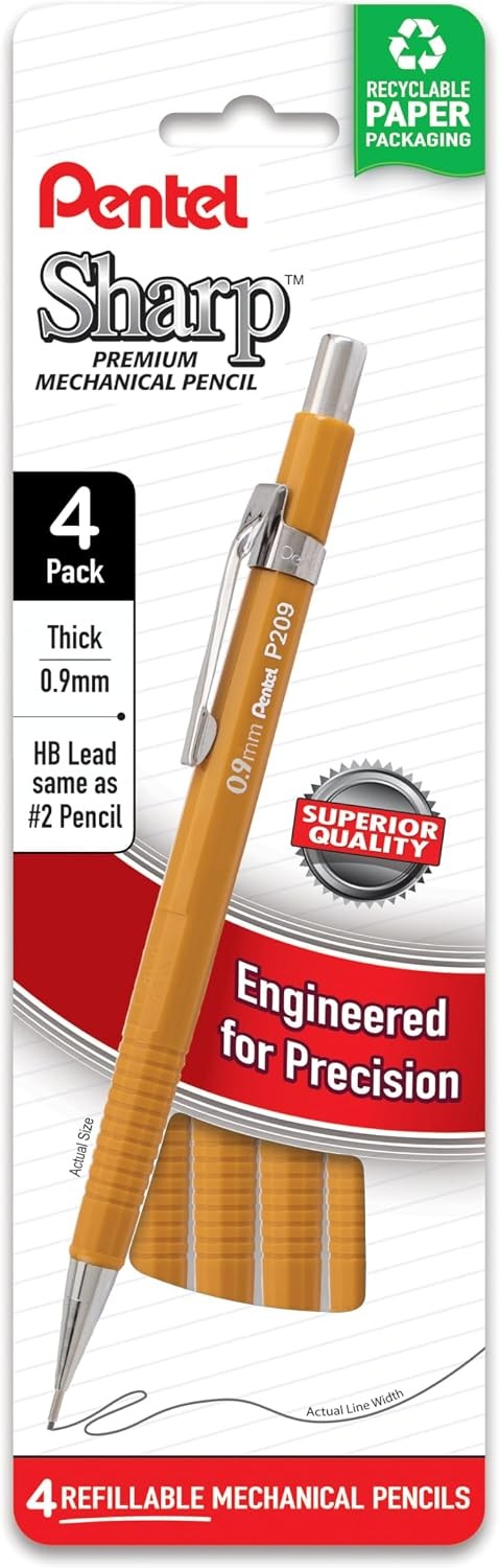 Sharp Mechanical Pencil, (0.9mm), Bold Line, Yellow Barrel, Pack of 4 (P209PF4G)