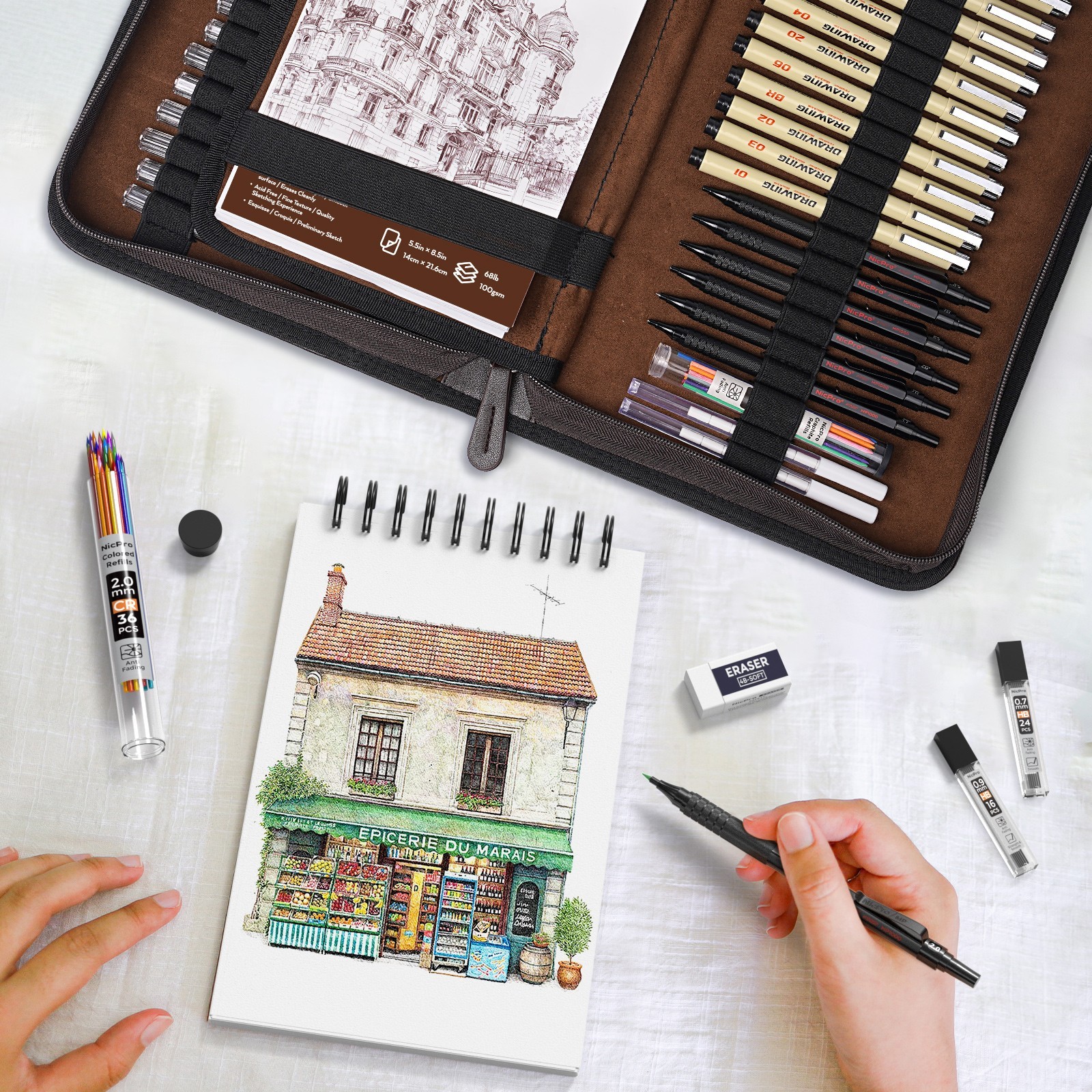 Nicpro 58PCS Art Drawing Supplies Kit in Leather Case