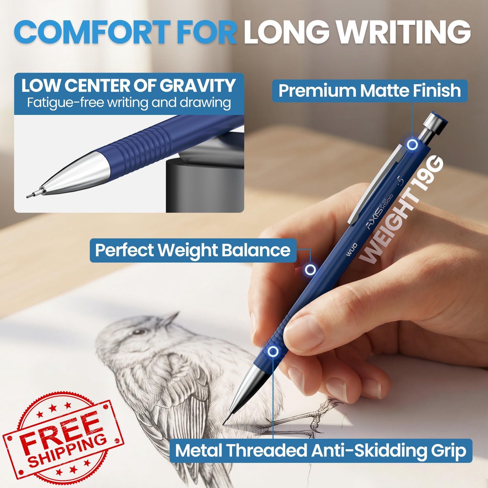 WUO 4pc 0.5mm Metal Mechanical Pencil Set Case HB Lead