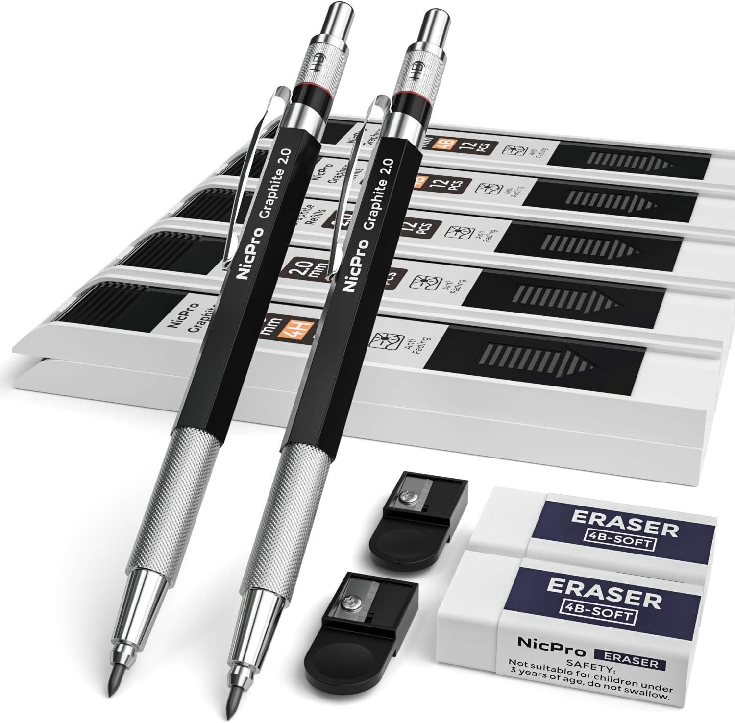 Metal Mechanical Pencil Set 2mm Lead Refill Erasers for Drafting Drawing