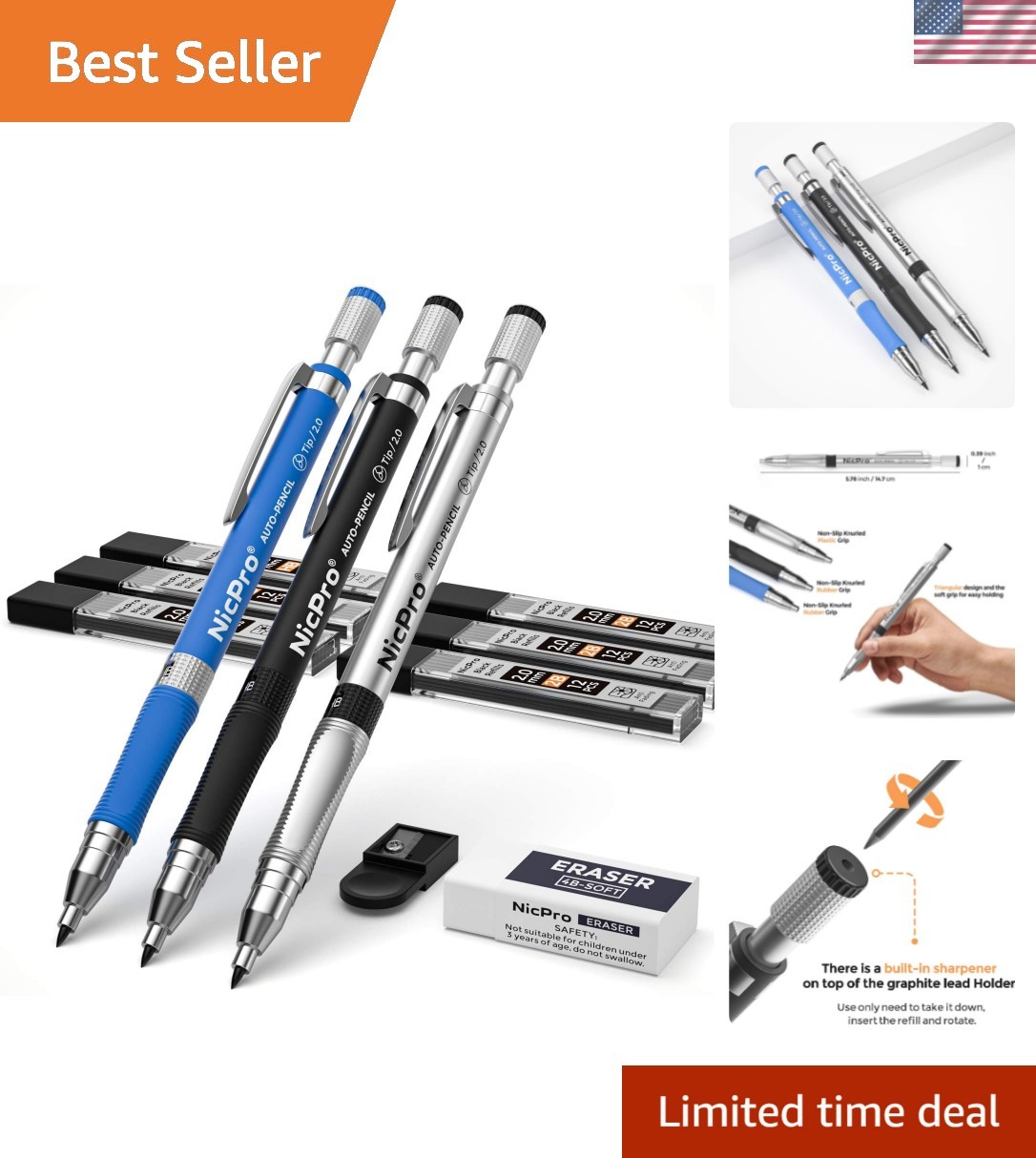 Complete 2.0mm Mechanical Pencil Set with Eraser – Effortless Drawing & Writing