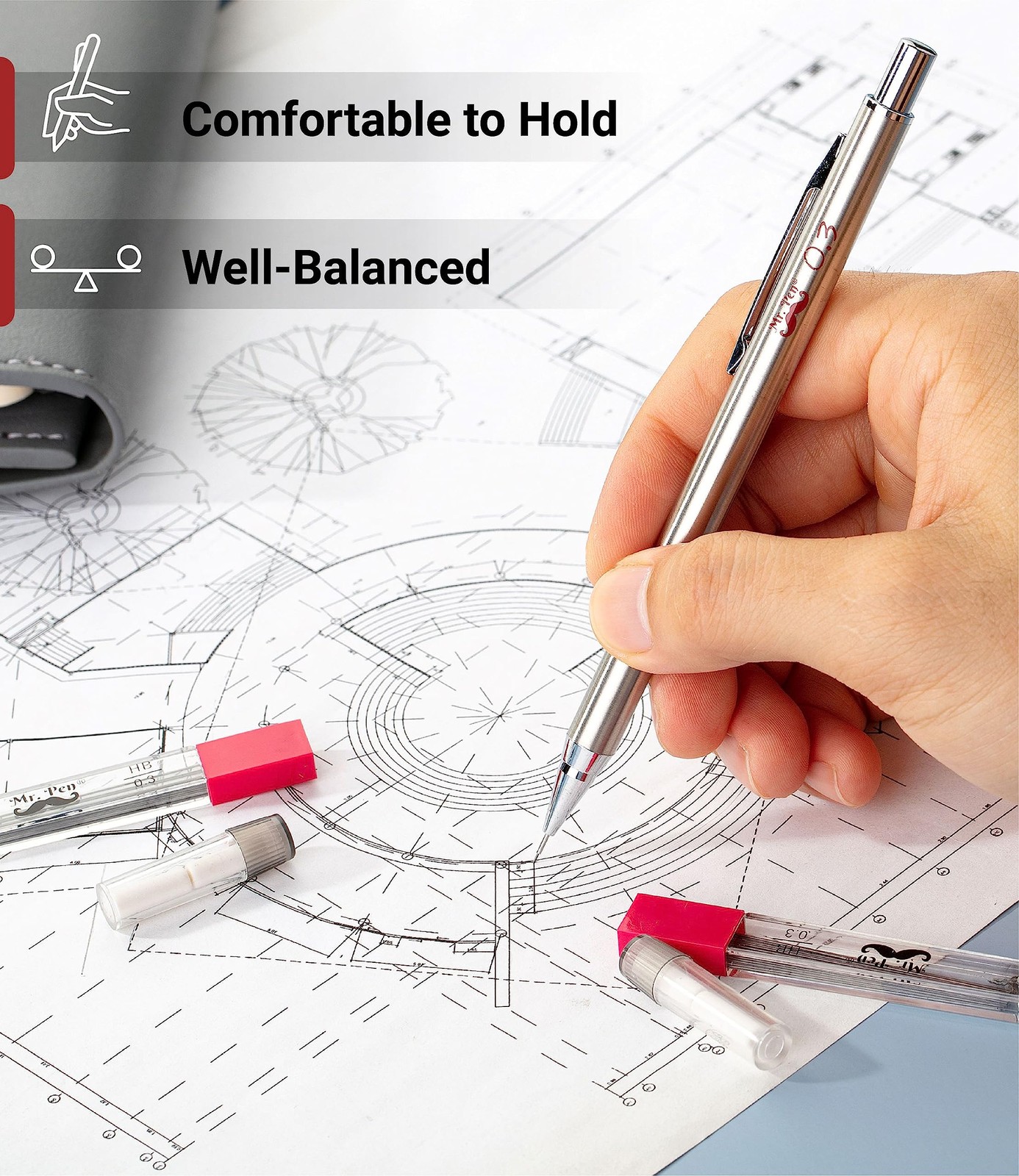 Mr. Pen- Metal Mechanical Pencil Set with Lead Refills & Erasers, 2 Pack, 0.3mm,