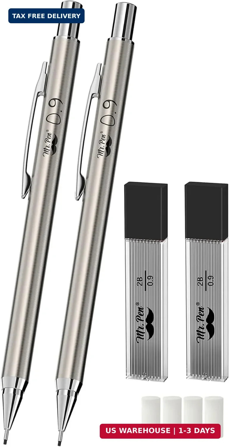 Mr. Pen- Metal Mechanical Pencil Set with Lead Refills & Erasers, 2 Pack, 0.9mm,