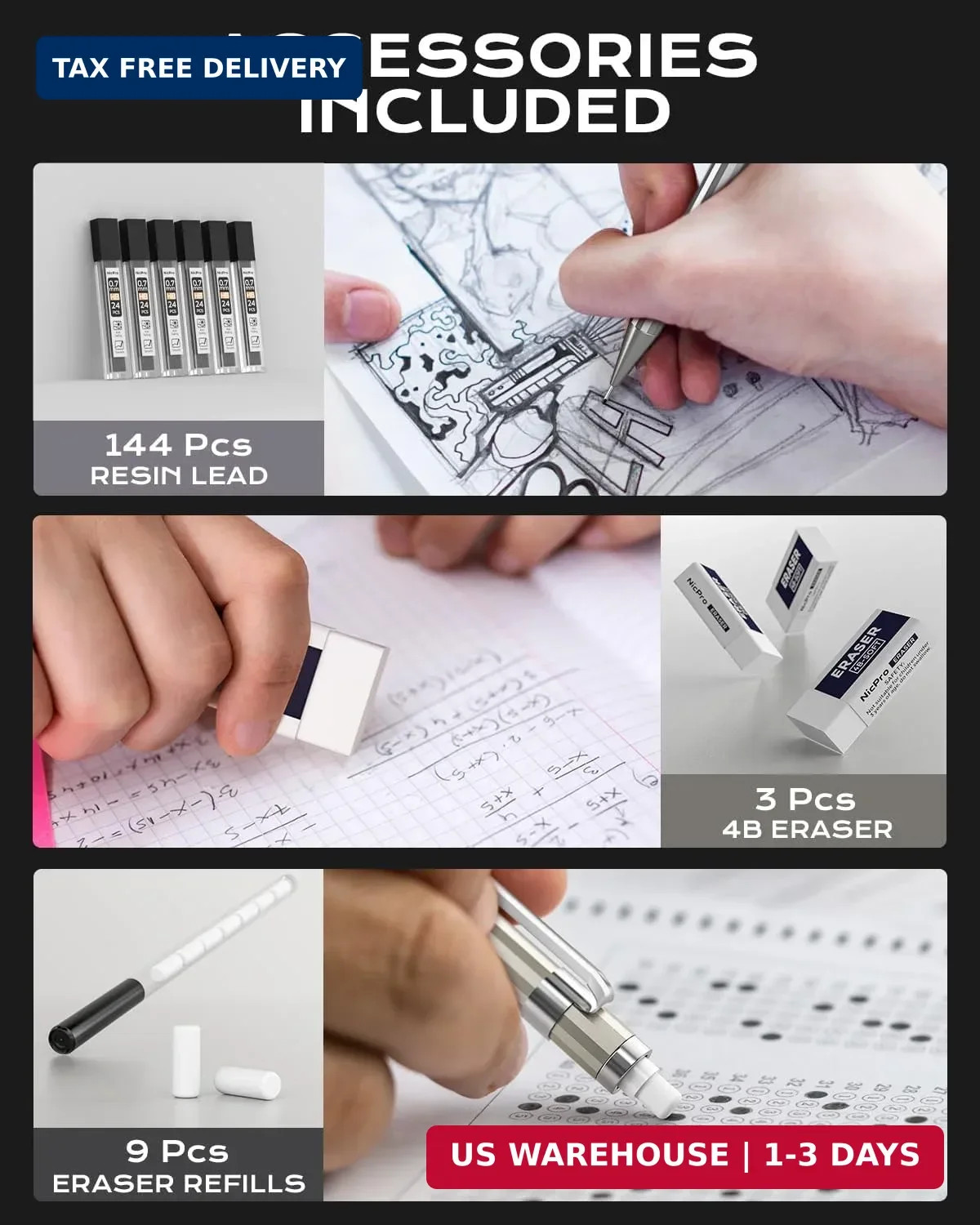 Nicpro 4 Pack Mechanical Pencil 0.7mm with Case, MB1000 Metal Mechanical Pencil