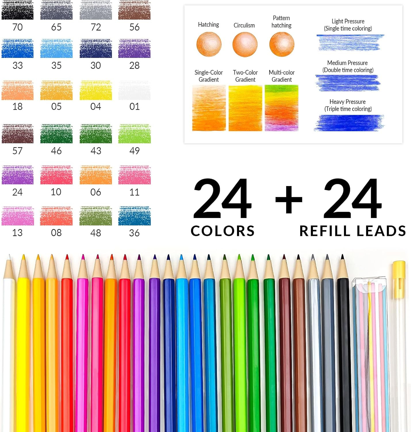 24 Mechanical Colored Pencils with 24 Lead Refills, 48 Pcs Total, 2.6Mm Oil-Base