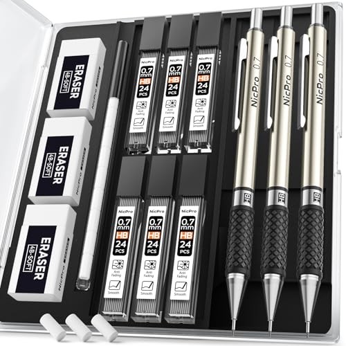 0.7 mm Art Mechanical Pencil Set in Storage Case, 3 PCS Metal 3 Pack (0.7mm)