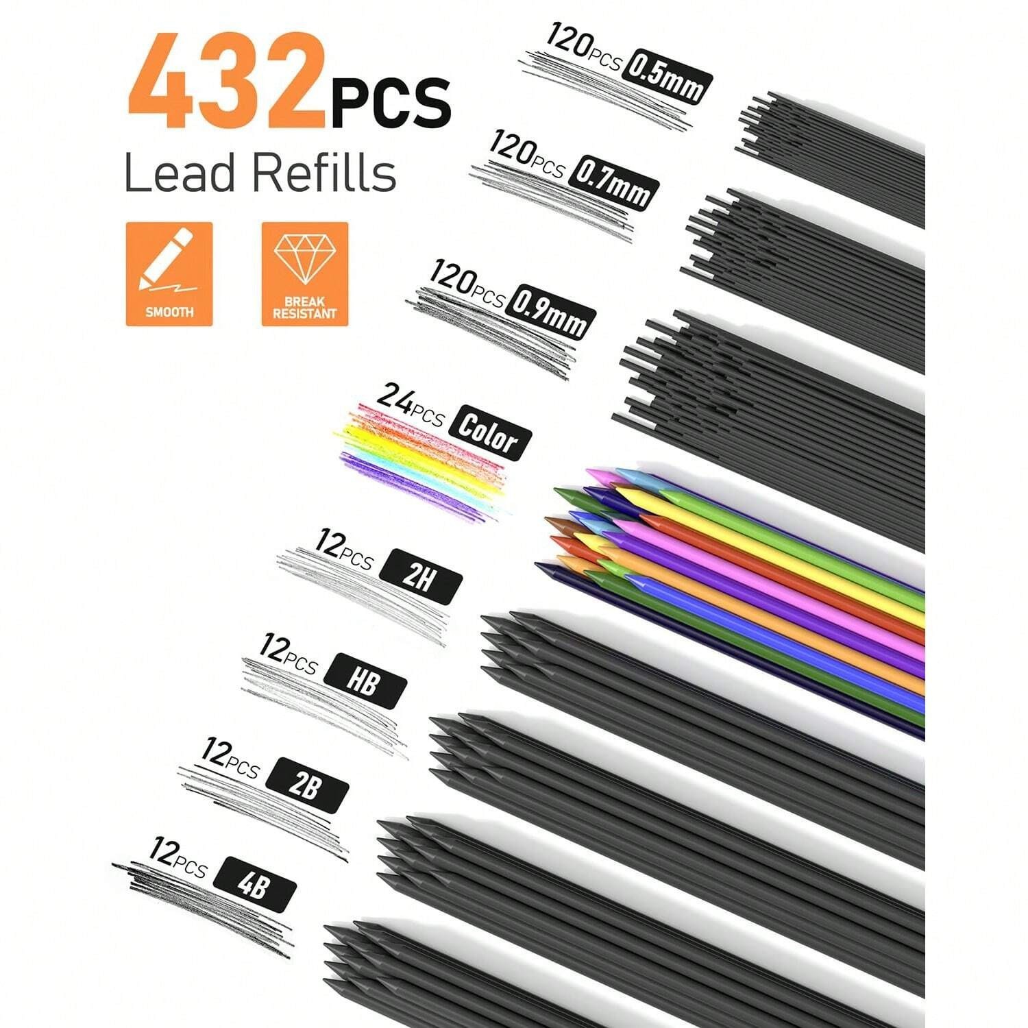 25PCS Drawing Mechanical Pencil Set 432 Lead Refills Case 0.5 0.7 0.9 2mm