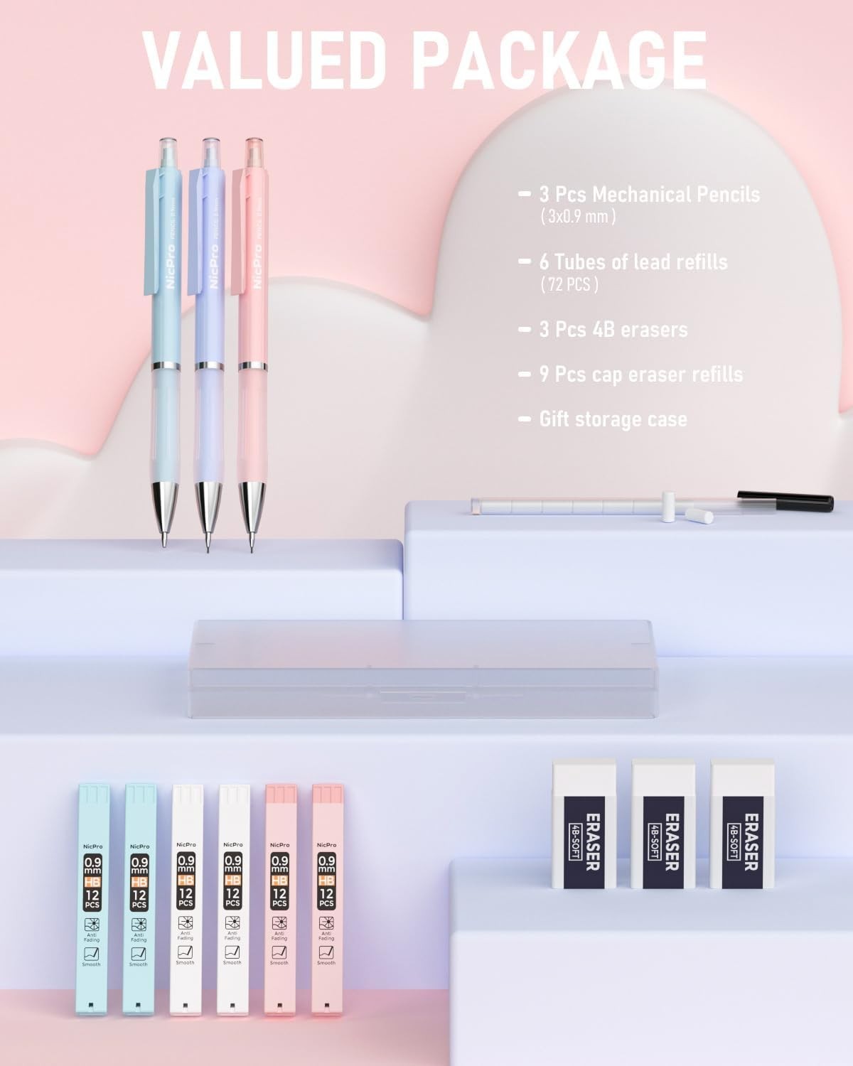 3PCS Pastel Mechanical Pencils Set – Ideal for School & Sketching, 0.9mm
