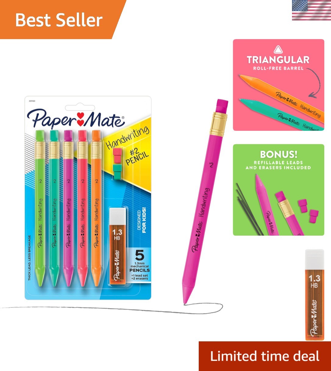 5 Count Kids’ Triangular Pencils, 1.3mm Lead & Erasers – Fun Writing Supplies
