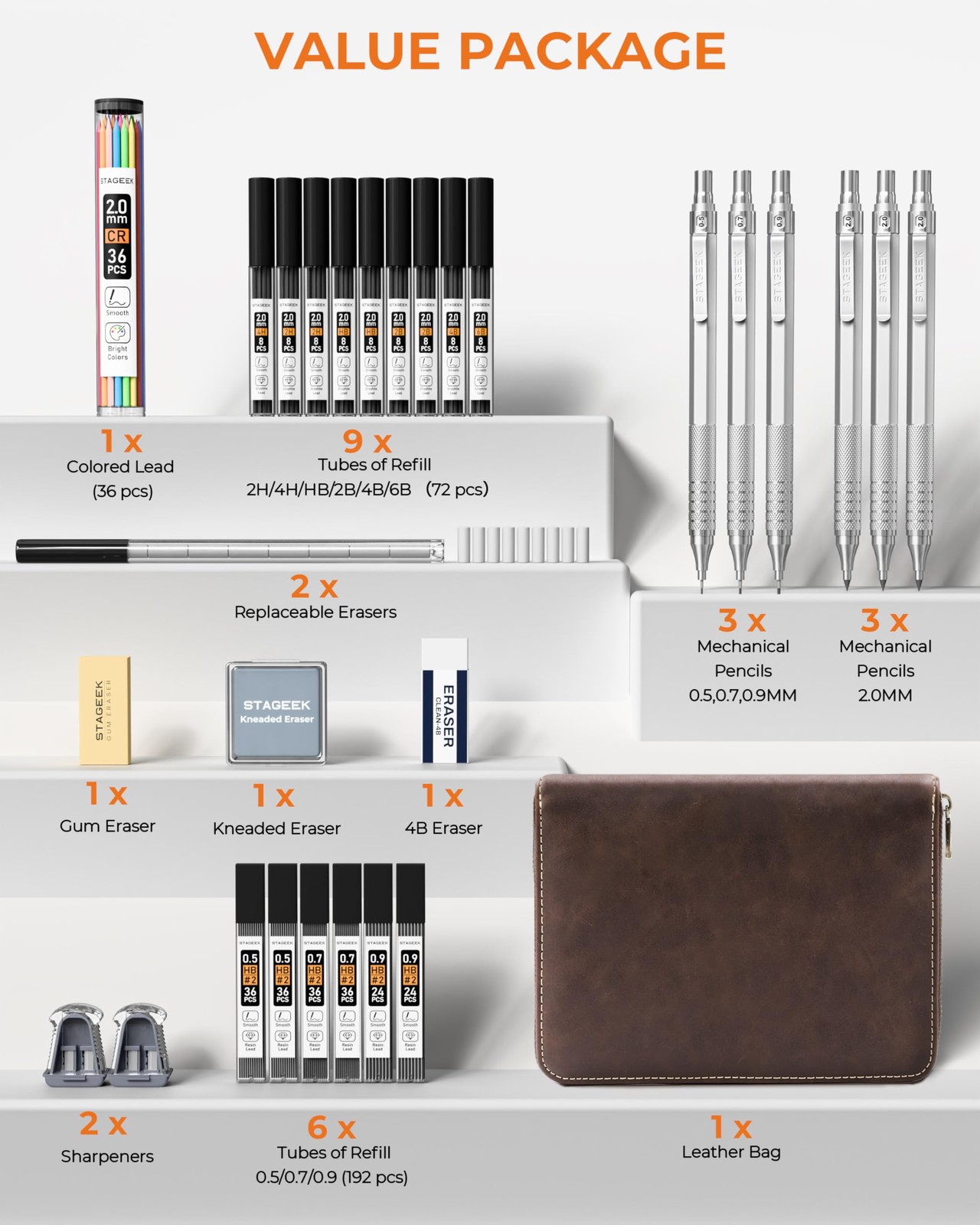 30PCS Silver Metal Mechanical Pencil Set in Leather Case, 0.5/0.7/0.9/2.0mm A…