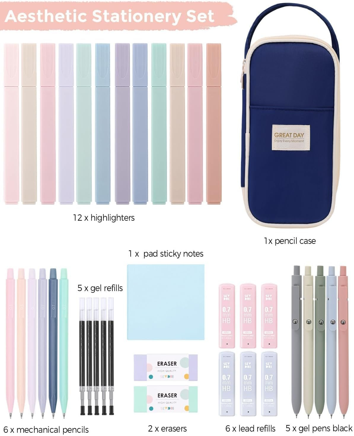 Cute School Supplies 38 PCS, Pencil Case with 12 Pastel Highlighters, 5 Black Ge