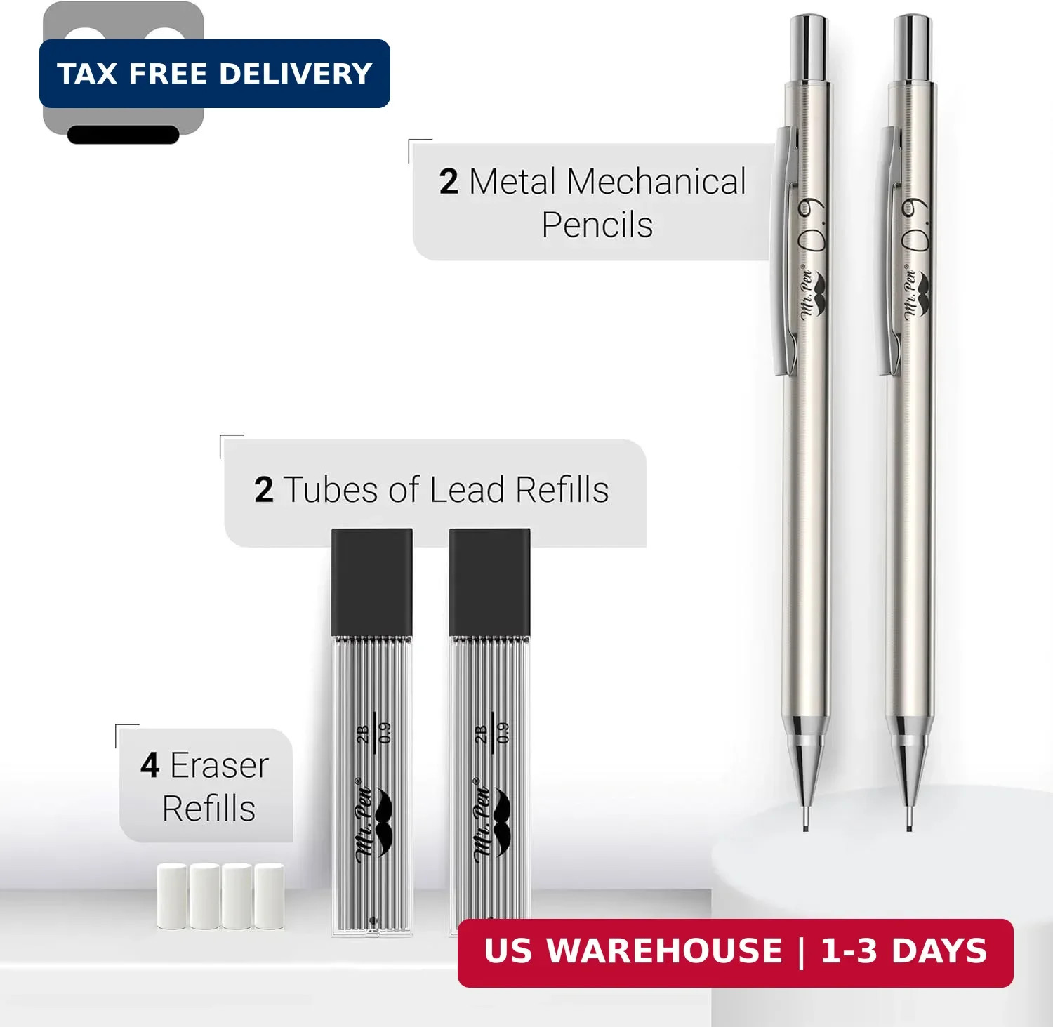 Mr. Pen- Metal Mechanical Pencil Set with Lead Refills & Erasers, 2 Pack, 0.9mm,
