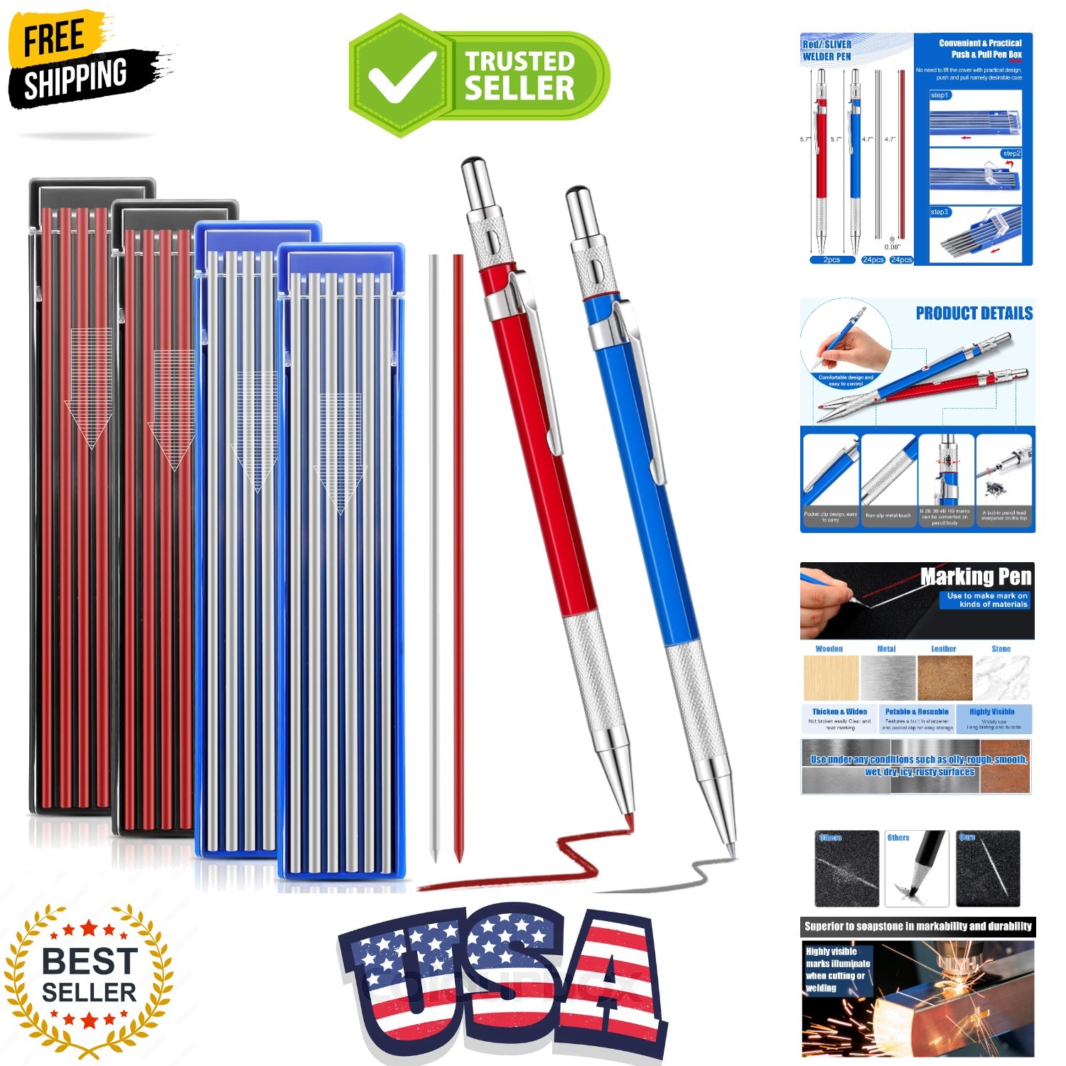 2 Pcs Welders Pencil with 48 PCS Round Refills Mechanical Pencils Metal Weldi…