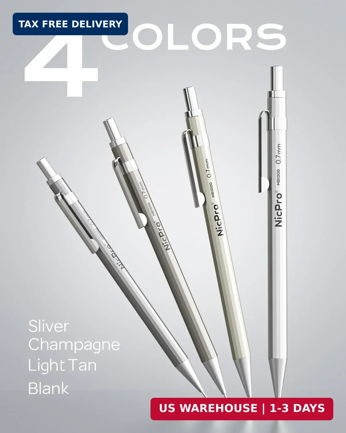 Nicpro 4 Pack Mechanical Pencil 0.7mm with Case, MB1000 Metal Mechanical Pencil