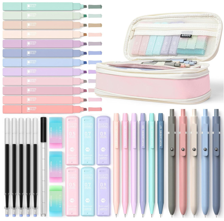 Set escolar estético 39 pcs con estuche lindo, marcadores pastel y bolígrafos